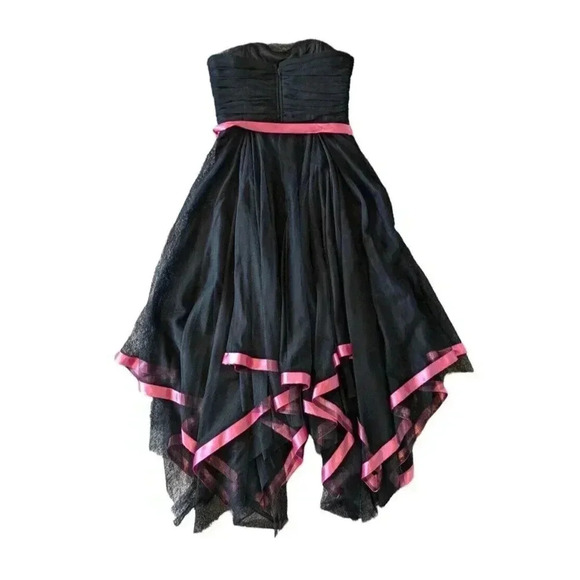 Cache VTG 90s Y2K Black Strapless Tulle Mesh Handkerchief Hem Dress Ruched Goth - Picture 2 of 8